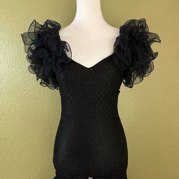 Vintage 80s 90s Talon Women’s 6 Chiffon Ruffled Cocktail Midi Dress Made in USA - Picture 2 of 8